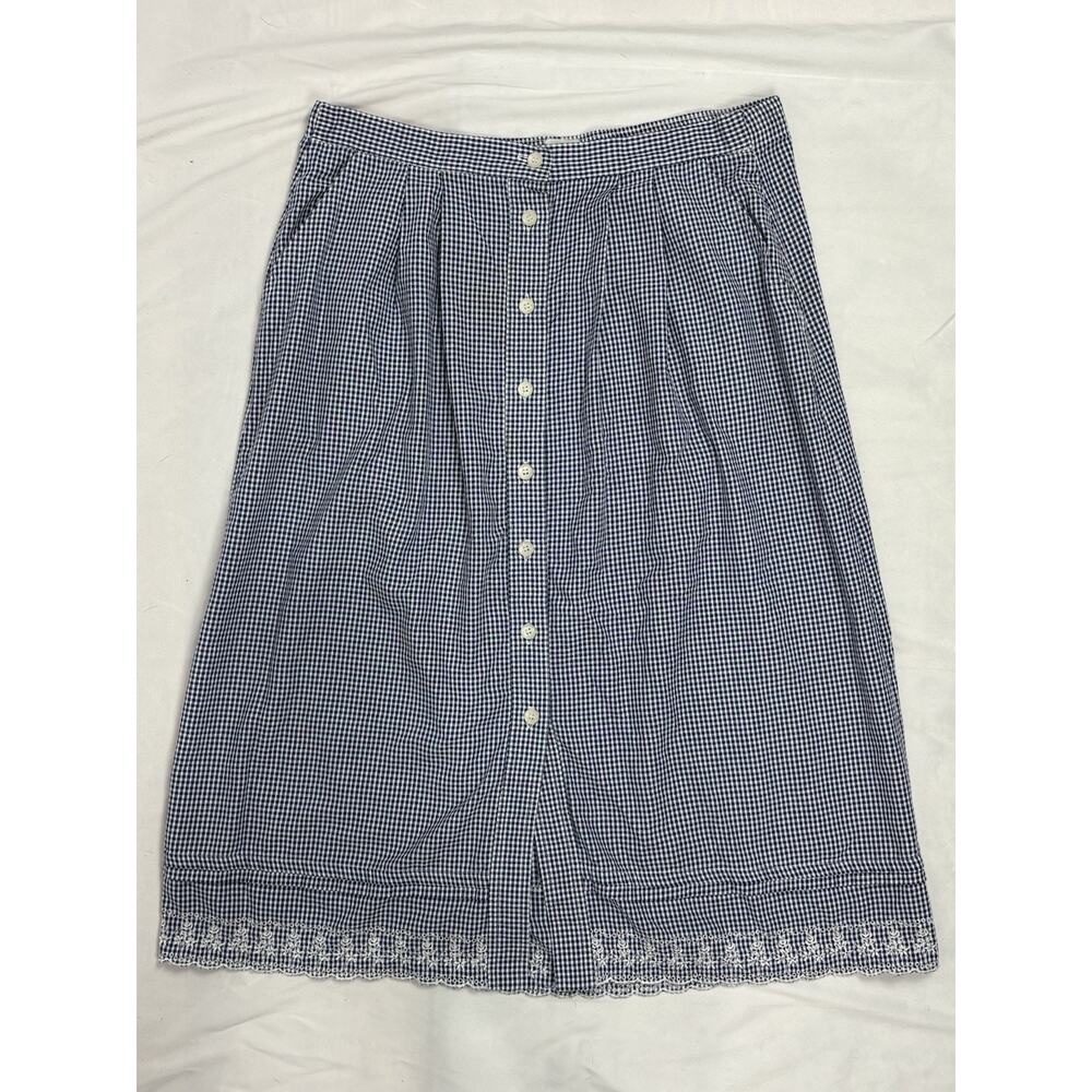 VTG Jantzen Cottagecore Blue White Gingham Midi Skirt Button Down Eyelet Trim XL